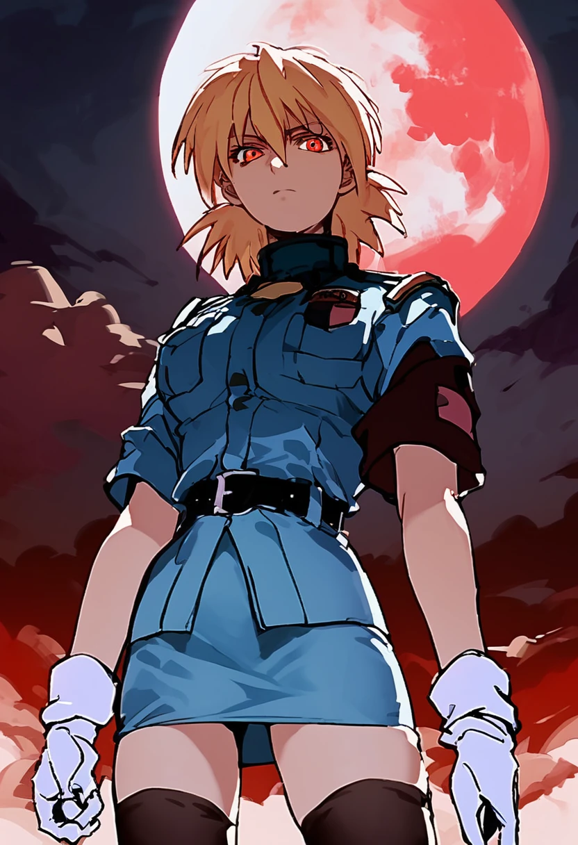 score_9, score_8_up, score_7_up, seras victoria, looking at viewer, blue military uniform, thighhighs, skirt, white gloves, belt, red sky, moon, dark background <lora:Seras_Victoria:1>