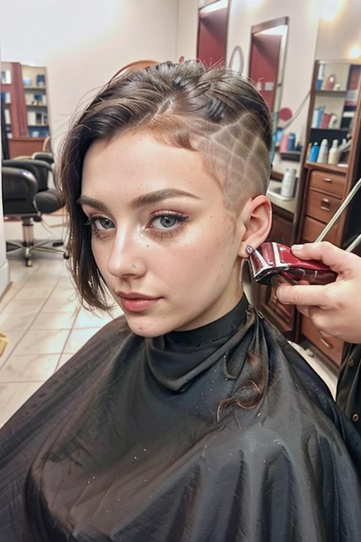 (masterpiece, best quality:1.4), (beautiful, perfect, delicate, detailed, intricate, aesthetic:1.2), 1girl,  ((29 years old ,  Jade Kowalczyk , getting a haircut  <lora:hairclippersgirl:0.8>  )) ,  (Vintage Glamour hair salon)