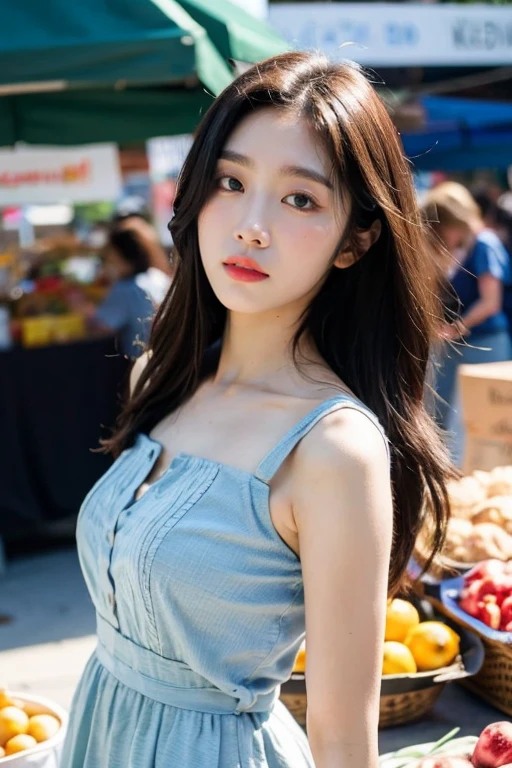 masterpiece, best quality, ultra-detailed, ultra high res, (photorealistic:1.4), raw photo, (realistic:0.2), 8k HDR, realistic lighting, looking at viewer, 1girl, solo, asymmetrical hair, outdoor, sky, (traditional market:1.2), bokeh, (detailed lips), (detailed pores), (detailed skin textures), (detailed face:1.2), (body:1.2), a woman in a sundress, promotional image, thigh gap,