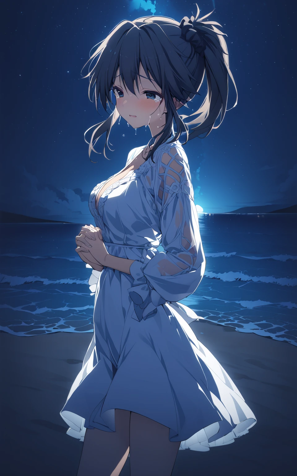 1girl, yuzuri\(memories off 8\), solo, hair scrunchie, ponytail, one side up, white dress, night, beach, crying, tears, lateral view, starry sky, sea, interlocked fingers, standing, masterpiece, best quality, very aesthetic, absurdres, vivid colors, highres, 4k, 8k, intricate detail, cinematic lighting, wallpaper