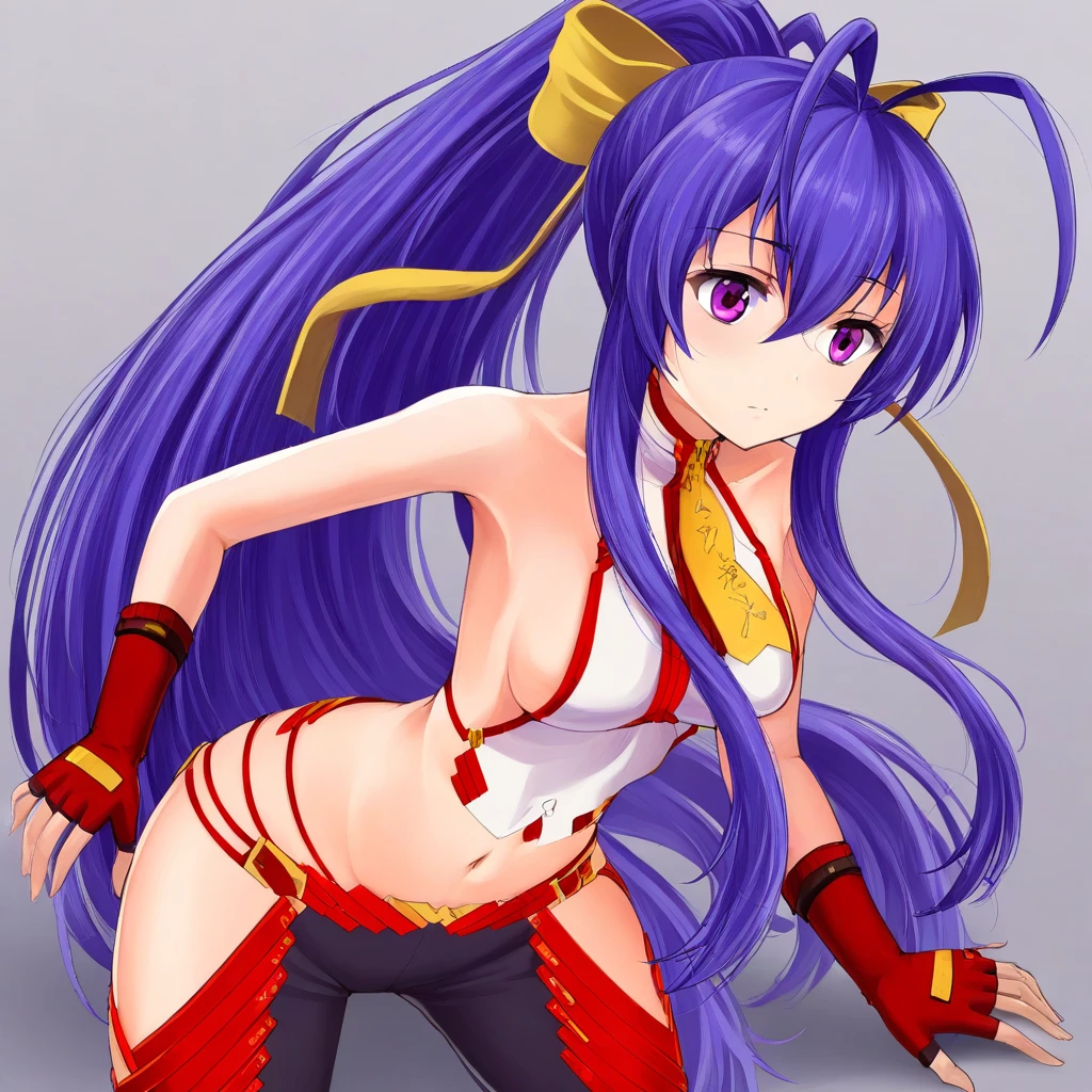 1girl, solo focus, purple eyes, blue hair, long hair, antenna hair, ponytail, hair between eyes, long hair, sidelocks, yellow ribbon, bare shoulders, backless outfit, sideboob, fingerless red gloves, white halter top with red trimming, black lowleg pants, hip vent, navel, midriff,