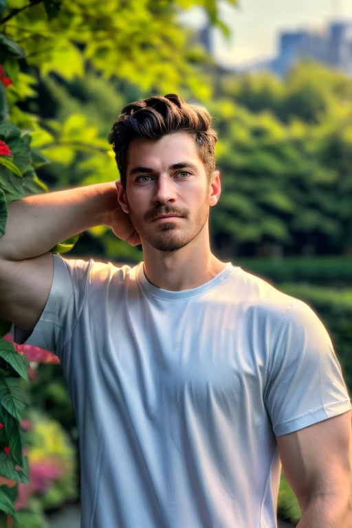 RAW photo, photograph of guy, ( face focus:1.5)  portrait, (facial hair) High resolution handsome guy, highly detailed, white t-shirt, (look at viewer) natural morning, sunburnt, <lora:austinmartin:0.8> austinmartin, blurry background, summer vibes, <lora:add_detail:0.7> outdoors, leaf garden behind,, (masterpiece,best quality:1.5)