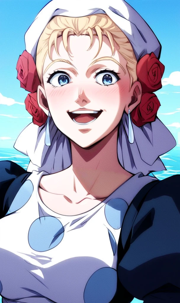 j0j0, score_8_up, score_7_up, source_manga, rating_explicit, <lora:j0j0XLP:0.5>, suz1Q, girl, blonde hair, messy hair, blue eyes, happy expression, white hat with roses, maid uniform, white top, blue polkadots, upper body, outdoors near the ocean, <lora:Jojos_Bizarre_Adventure_Suzi_Q_-_Pony:0.8> (profiles:0.4)