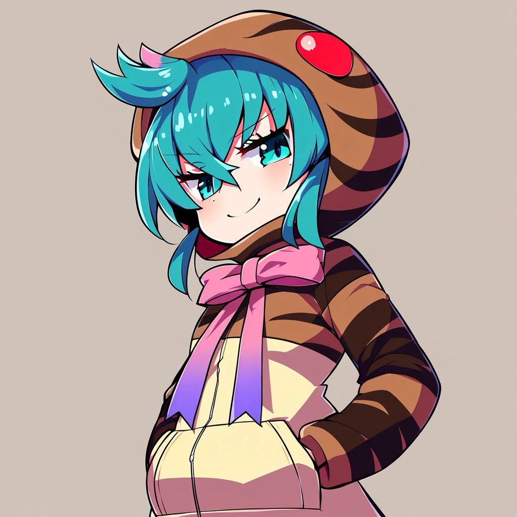 1girl, ((solo)) best quality, ultra-detailed, extremely detailed, perfect anatomy, masterpiece, score_9, score_8_up, score_7_up, tsuchinoko (kemono friends), hoodie, striped hoodie, pocket, hood, long sleeves, neck ribbon, pink ribbon, striped tail, snake tail, striped hoodie, aqua hair, aqua eyes, short hair, posing, hands in pockets, simple background, smiling, closeup, face focus, top half,