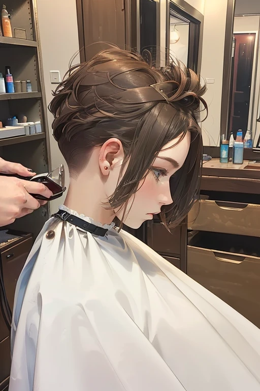 (masterpiece, best quality:1.4), (beautiful, perfect, delicate, detailed, intricate, aesthetic:1.2), 1girl,  ((27 years old ,  Julia Watson , getting a haircut  <lora:hairclippersgirl:0.8>  )) ,  (Industrial Rustic hair salon)