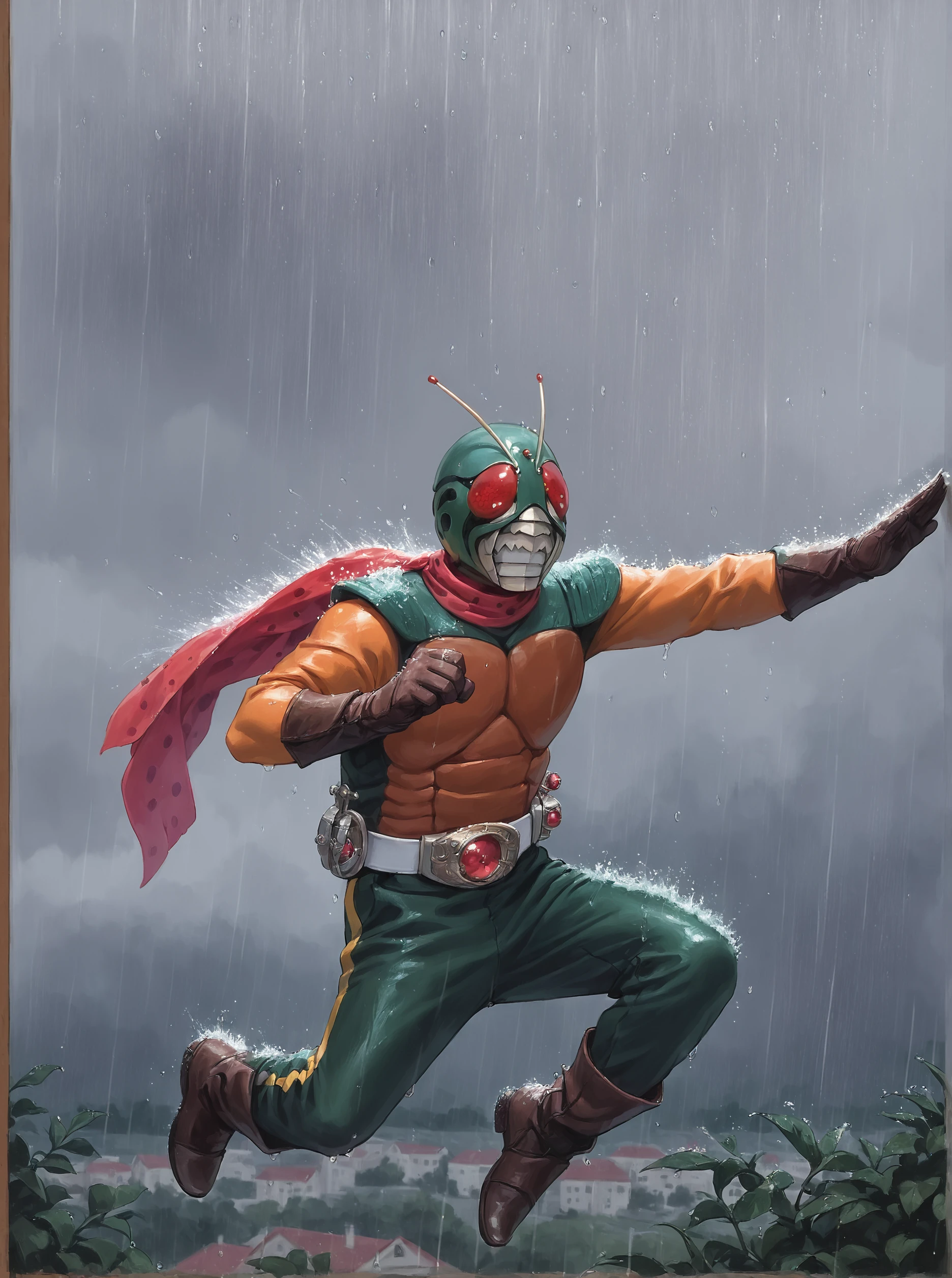 score_9, score_8_up, score_7_up, masterpiece, source_realistic, 1boy, solo, gloves, male focus, antennae, scarf, teeth, belt,  flying, outdoor, <lora:sn0wStyle:1> <lora:HKHorrorXL:1>,  <lora:Skyrider_1979:1> raining, thunder