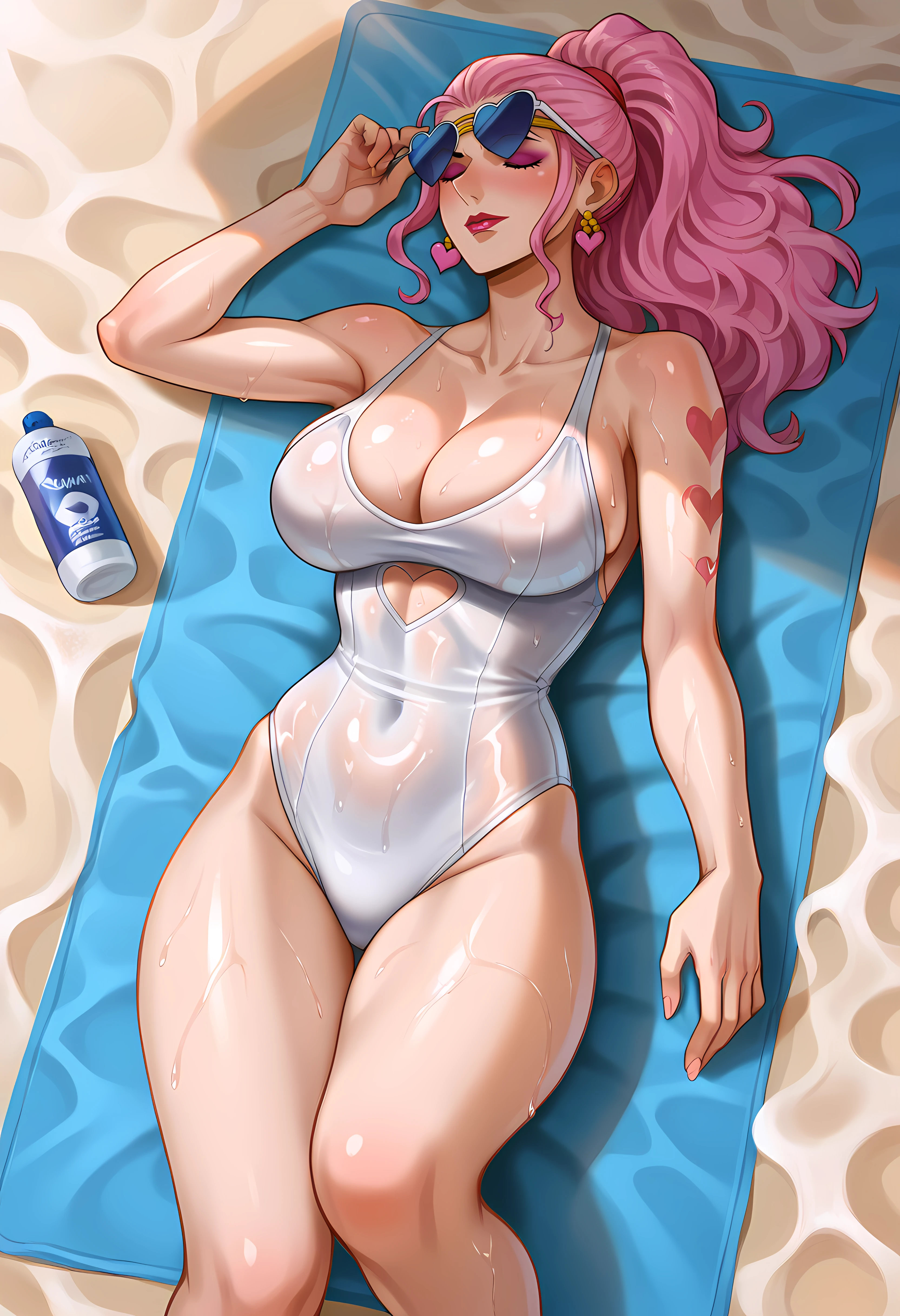 Redhead bimbo on the beach, weqring short denim shorts and a tight white top, huge ass, big  buldging out of her shirt, ((underboob)), beautiful, gorgoues face, big pink lips, cheekbones, snokey eyes, glam makeup, sharp nose, jawline, skinny, slender, slim, ((ultra realistic)), (hughly detailed face), beautiful lighting, smooth skin, bright image, bright colours, blue sky, sunshine, hyperreal, ((kneeling, looking up at viewer)), ((face covered in thick white cum, cum covered face, bukakke)), happy face, slutty, seductive