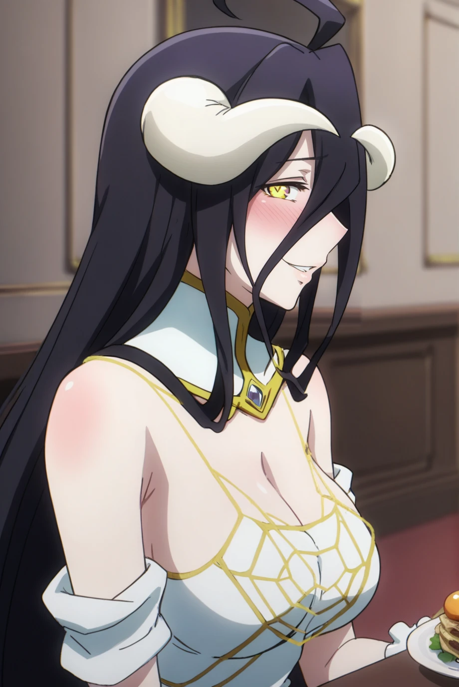 1 Girl Anime looking for the camera,Albedo , Albedo from Overlord, ampliar o rosto, rosto muito detalhado, Olhos muito detalhados, black hair, yellow eyes, white clothes, simple background, white background, ice powers, action pose, olhos detalhados iguais aos da Yukino, Olhos de Yukino, Punopupupu style,