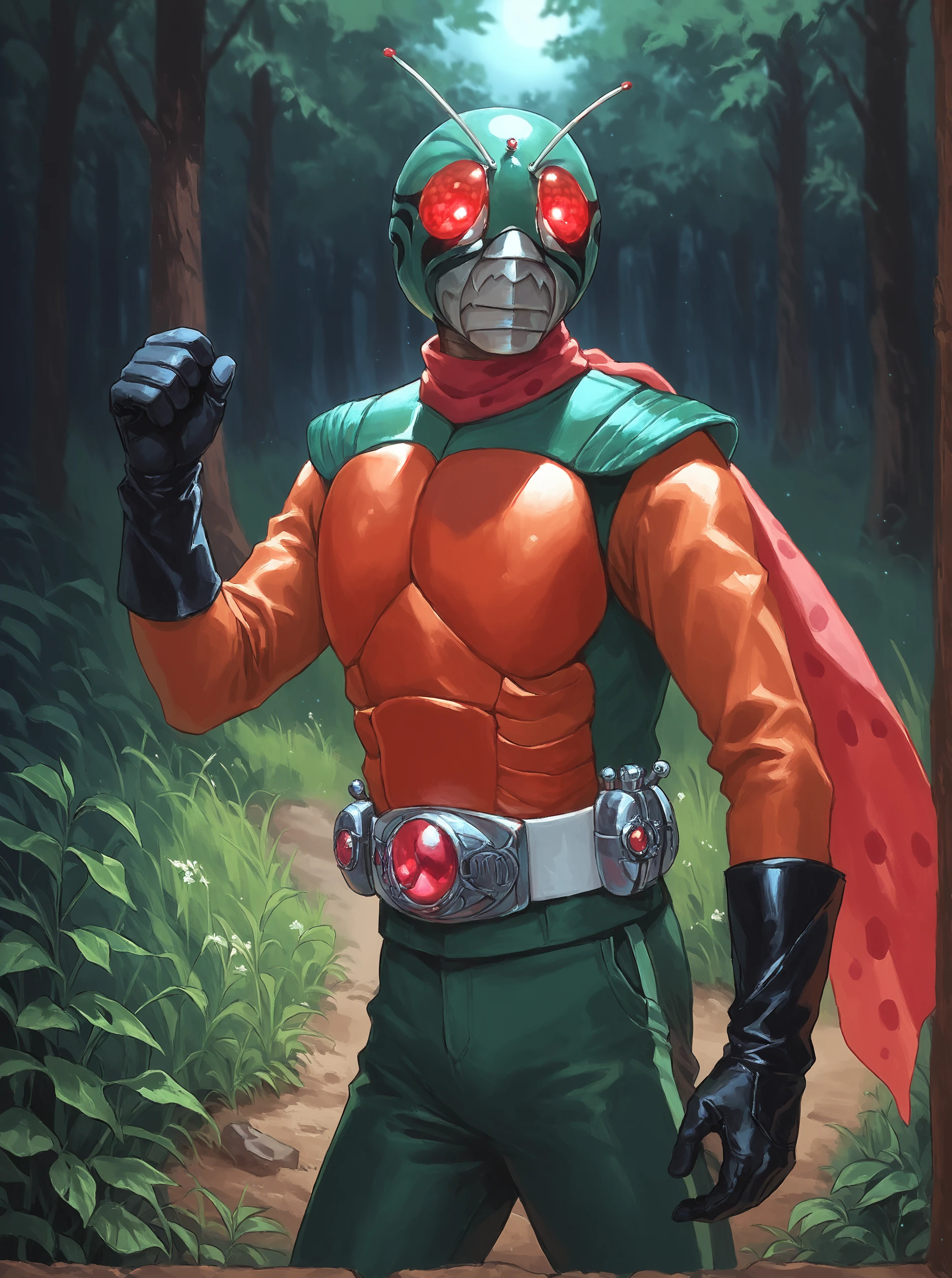 score_9, score_8_up, score_7_up, masterpiece, source_realistic,1boy, solo, male focus, belt, antennae, scarf, gloves, kamen rider, 1boy, solo, male focus, belt, antennae, scarf, gloves, skyrider1, forest, outdoor, <lora:sn0wStyle:1> <lora:HKHorrorXL:1>,  <lora:Skyrider_1979:1>night, glowing eyes,