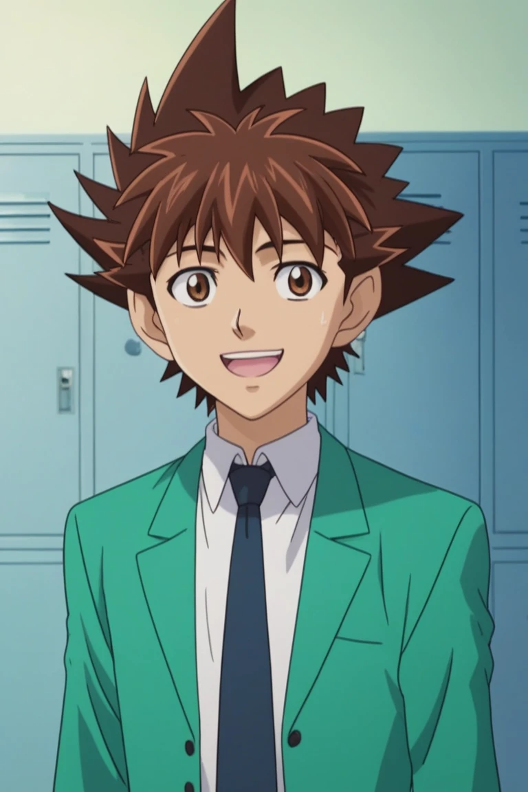 score_9, score_8_up, score_7_up, score_6_up, masterpiece, best quality, amazing quality, best aesthetic, absurdres, intricate details, sena kobayakawa, brown hair, brown eyes, school uniform, green jacket, 1boy, male focus, solo, necktie, sweatdrop, smile, open mouth, locker, jacket, spiked hair, sanpaku, upper body, style parody, parody, blazer<lora:EMS-450953-EMS:1.000000>