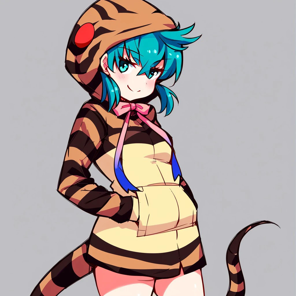 1girl, ((solo)) best quality, ultra-detailed, extremely detailed, perfect anatomy, masterpiece, score_9, score_8_up, score_7_up, tsuchinoko (kemono friends), hoodie, striped hoodie, pocket, hood, long sleeves, neck ribbon, pink ribbon, striped tail, snake tail, striped hoodie, aqua hair, aqua eyes, short hair, posing, hands in pockets, simple background, smiling,