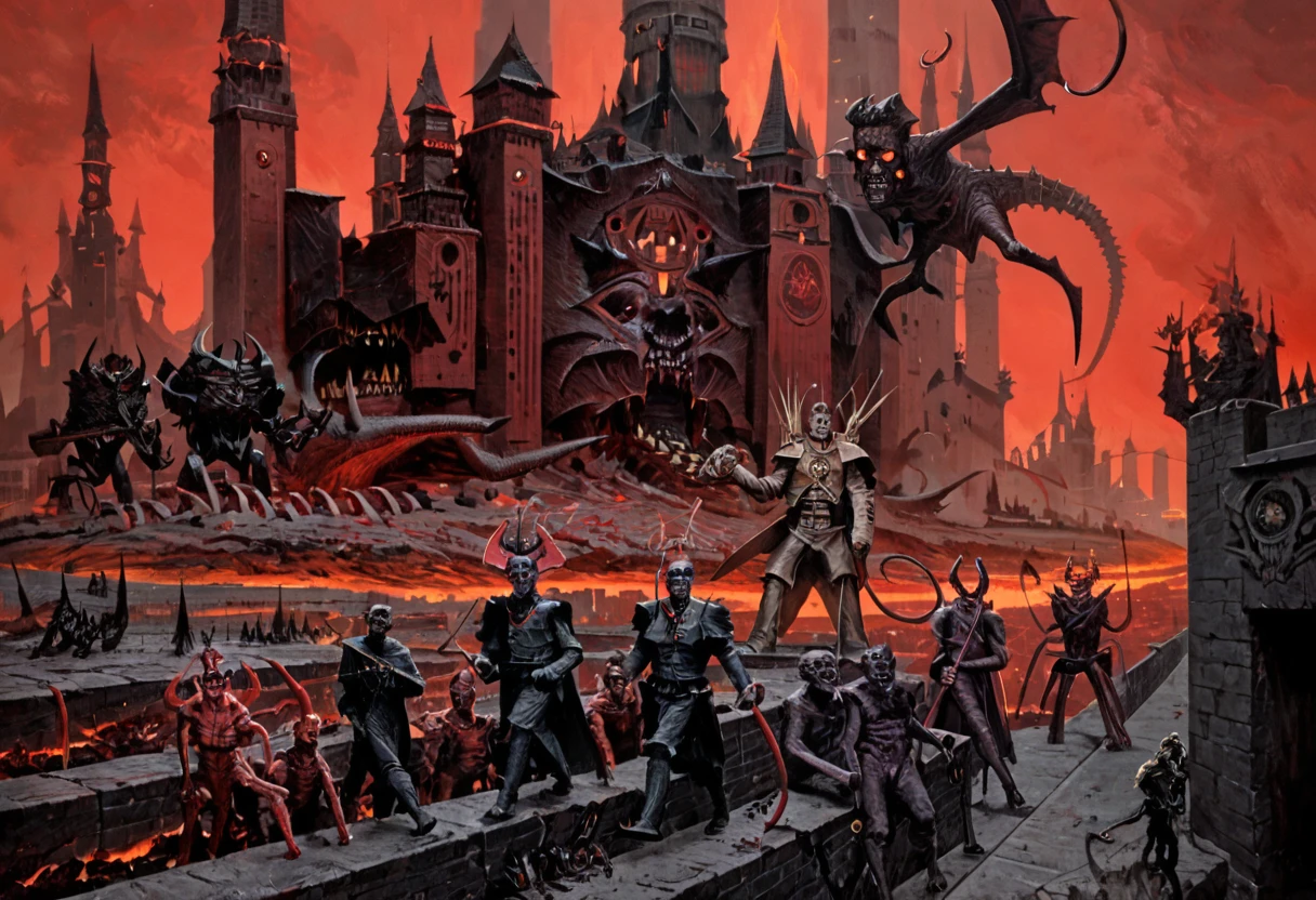 score_9, score_8_up, score_7_up, b@rl0w3, hell, great city with towers and walls in background, demons riding monsters, procession of demons, red skies, sigils, army, armor, holding weapons
