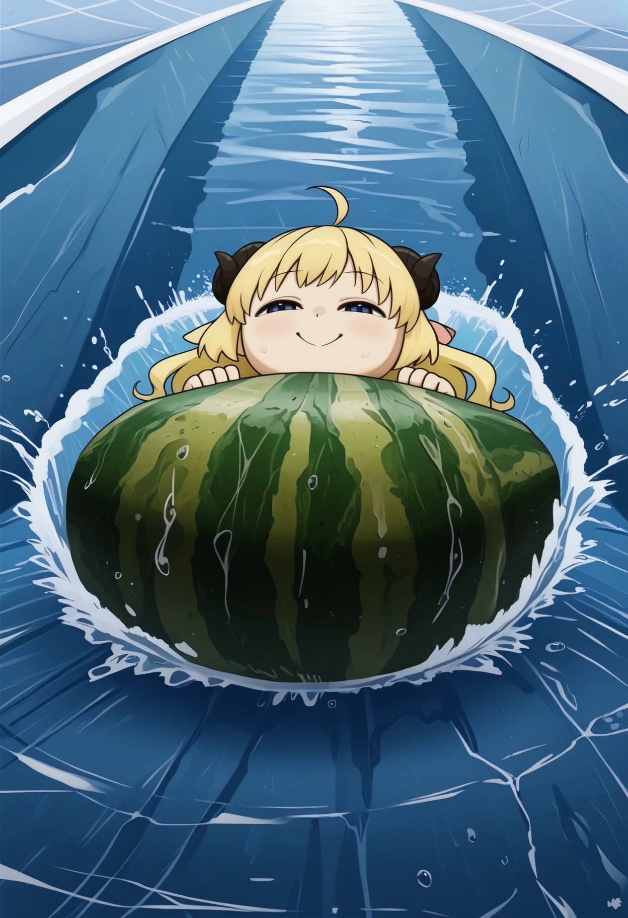 water slide, on back,splashing,water,wet,
Watamelon, smile, smug, half-closed eyes, no humans, creature, chibi, watermelon, all fours,
TsunomakiWatame, horns, long hair, ahoge,
<lora:water_slide_V1_edited-sv_0.97-16:1>  <lora:ChamWatamelonPonyXL:1>   <lora:ChamTsunomakiWatamePonyXL:1>