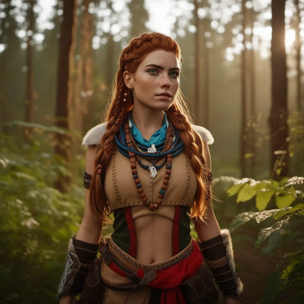 cinematic photo full body portrait 1girl, long hair, braid, jewelry, green eyes, freckles, detailed skin, detailed eyes, stands in a forest  <lora:Aloy1024:0.8> . 35mm photograph, film, bokeh, professional, 4k, highly detailed