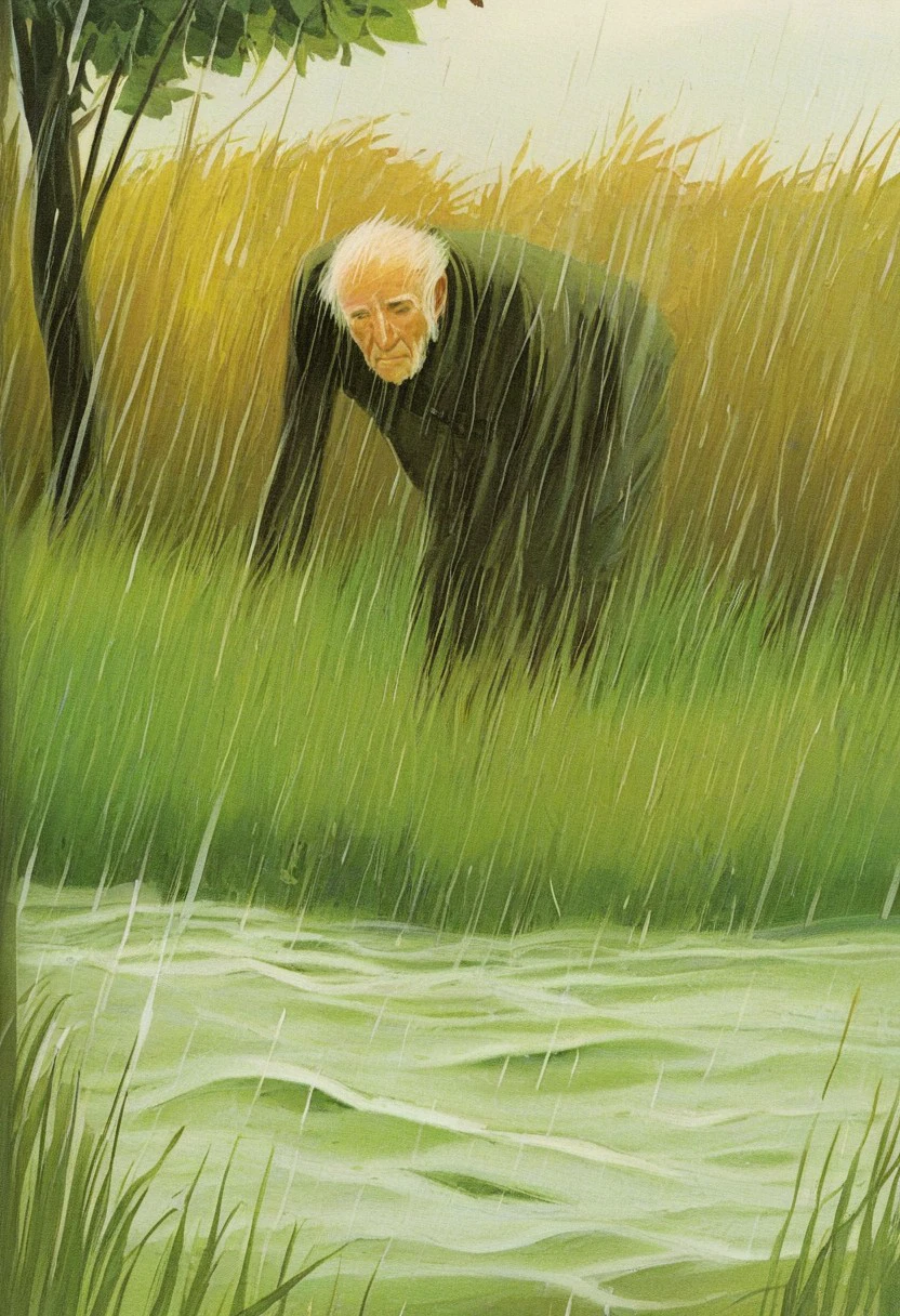 score_9_up, score_8_up, score_7_up, cabsantos, old, rain, male focus, old man, water, 1boy, multiple boys, grass, solo focus, bald, partially submerged, facial hair