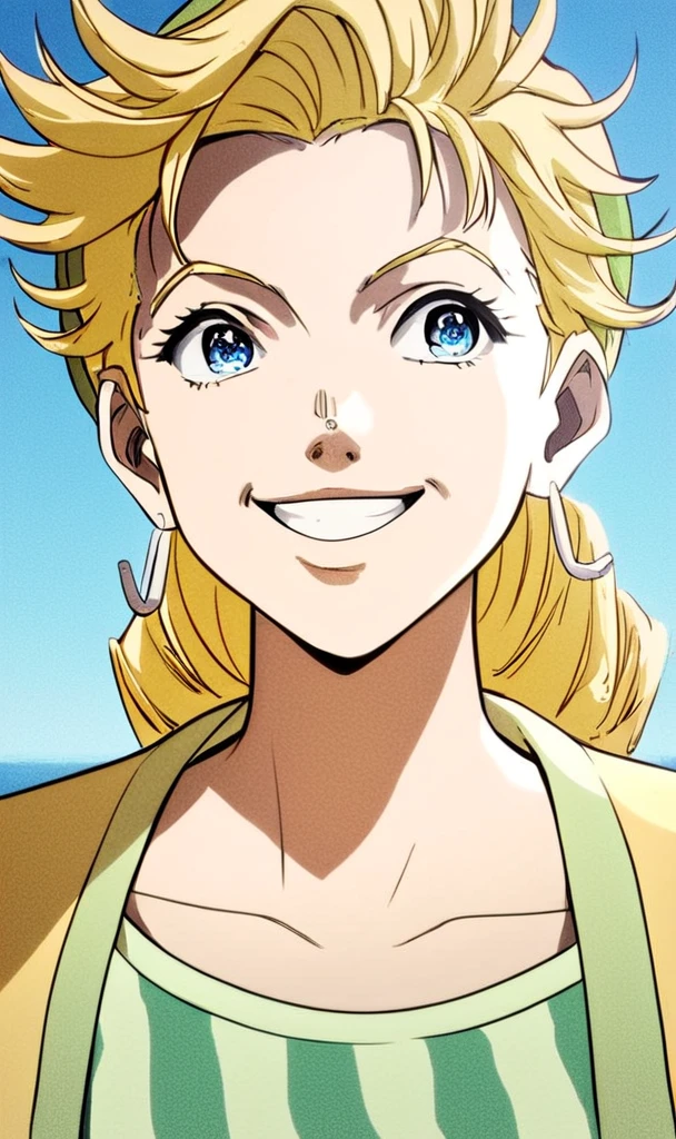 j0j0, score_8_up, score_7_up, source_manga, rating_safe, <lora:j0j0XLP:0.5>, suz1Q, girl, blonde hair, messy hair, blue eyes, cheeky smile, looking left, green dress with stripes, yellow coat, happy expression, upper body, outdoors, at the seaside, <lora:Jojos_Bizarre_Adventure_Suzi_Q_-_Pony:0.9>