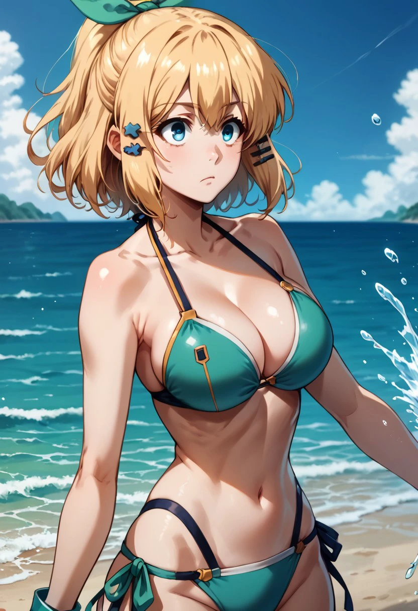 score_9, score_8_up, score_7_up, score_6_up, score_5_up, score_4_up, 
solo, 
1girl, Rumia Tingel, \(Akashic Records of Bastard Magic Instructor\), blue eyes, blonde hair, medium hair, ponytail, hair clip, green ribbon,
bikini, cleavage, splashing water, at the beach, on the sea,
large breasts, narrow waist, wide hips,