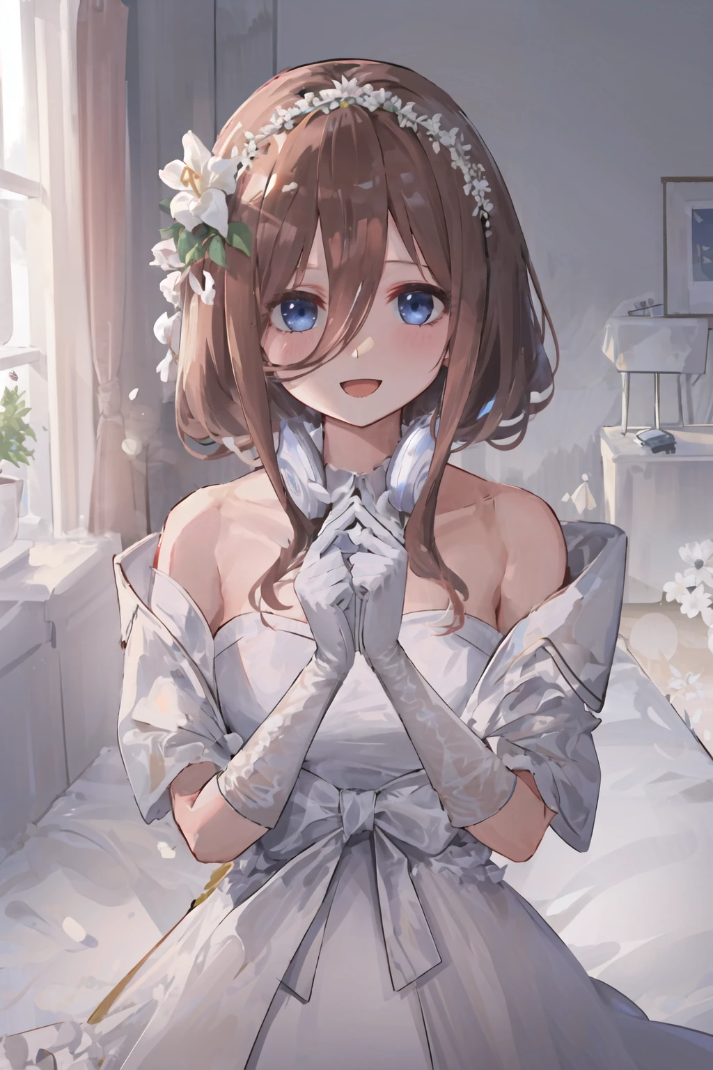 1girl,nakano miku,solo,wedding dress,white gloves,looking at viewer,open mouth,petals,smile,bangs,bare shoulders,breasts,light rays,blush,upper body,white gloves,flower,
masterpiece,best quality,<lora:NakanoMiku v2.0-000018:0.8>,