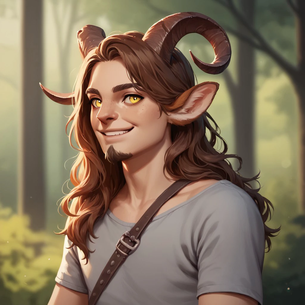 (((detailed, beautiful, high quality))), upper Body, score_9, score_8_up, score_7_up,
satyr, faun, horns, animal ears, big horns, 1male, long hair, brown hair, yellow eyes, smile, goatee, grey medieval T-shirt, shoulder strap,
looking at the viewer, posing, blurred background, blurred fantasy background,