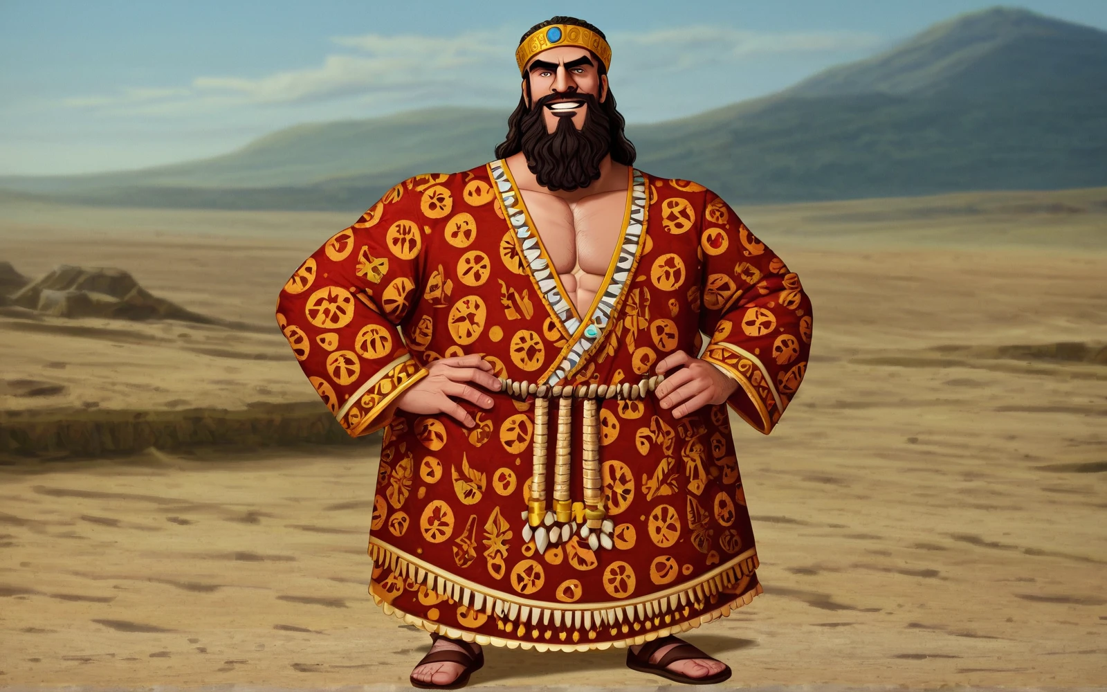 hammurabi<lora:Hammurabi_ror_pony-20:1>, 1man, beard, long robe, sumer, ziggurat, mesopotamia, long beard, ancient, solo, smile, outdoor, source_realism