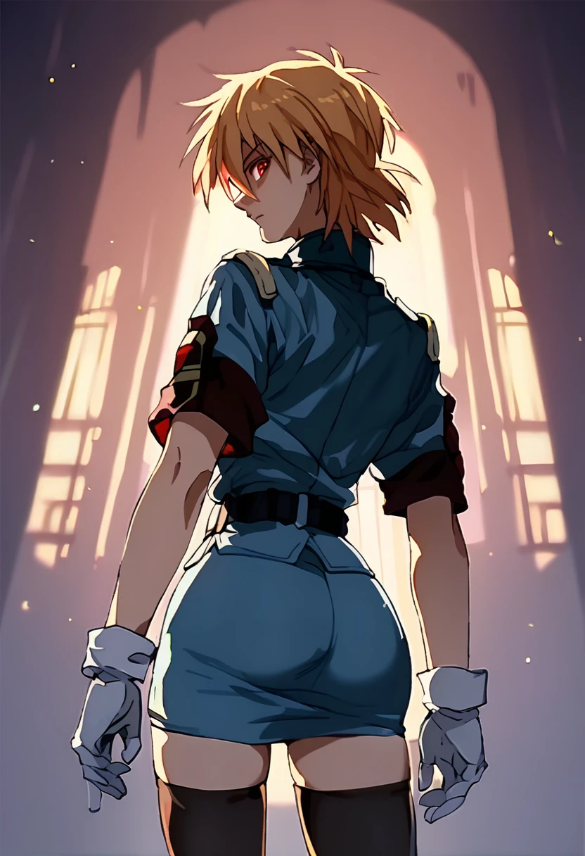 score_9, score_8_up, score_7_up, score_6_up, score_5_up, seras victoria, from behind, looking back, blue military uniform, thighhighs, skirt, white gloves, belt, red eyes, night, backlighting, dark background <lora:Seras_Victoria:0.9>