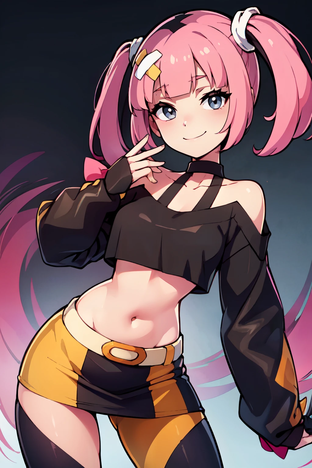 ((masterpiece,best quality)), absurdres,  BREAK, , <lora:Coral_Pokemon:0.8>,  zzCoral, pink hair, twintails, blunt bangs,  hair ornament, belt, long sleeves, sleeves past fingers, black skirt, black choker, black crop top, bare shoulders, yellow belt, bandaid, midriff, collarbone, , BREAK, side view, hip to the side, contrapposto,, BREAK, solo, smile, looking at viewer, cowboy shot,