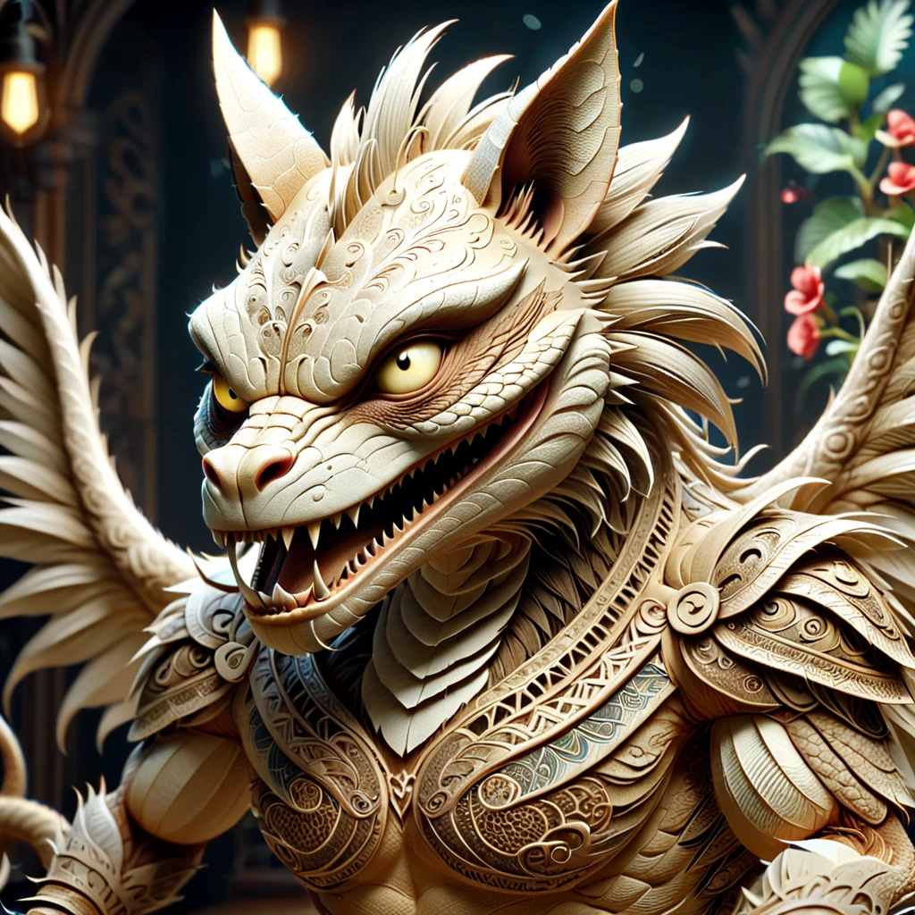 paper world morph, angry chupacabra, depth of field, detailed background, masterpiece, ludicrously detailed photorealistic, octane render, 8 k, unreal engine 5, art by artgerm and greg rutkowski and alphonse mucha <lora:paperv1.0-000013:1>