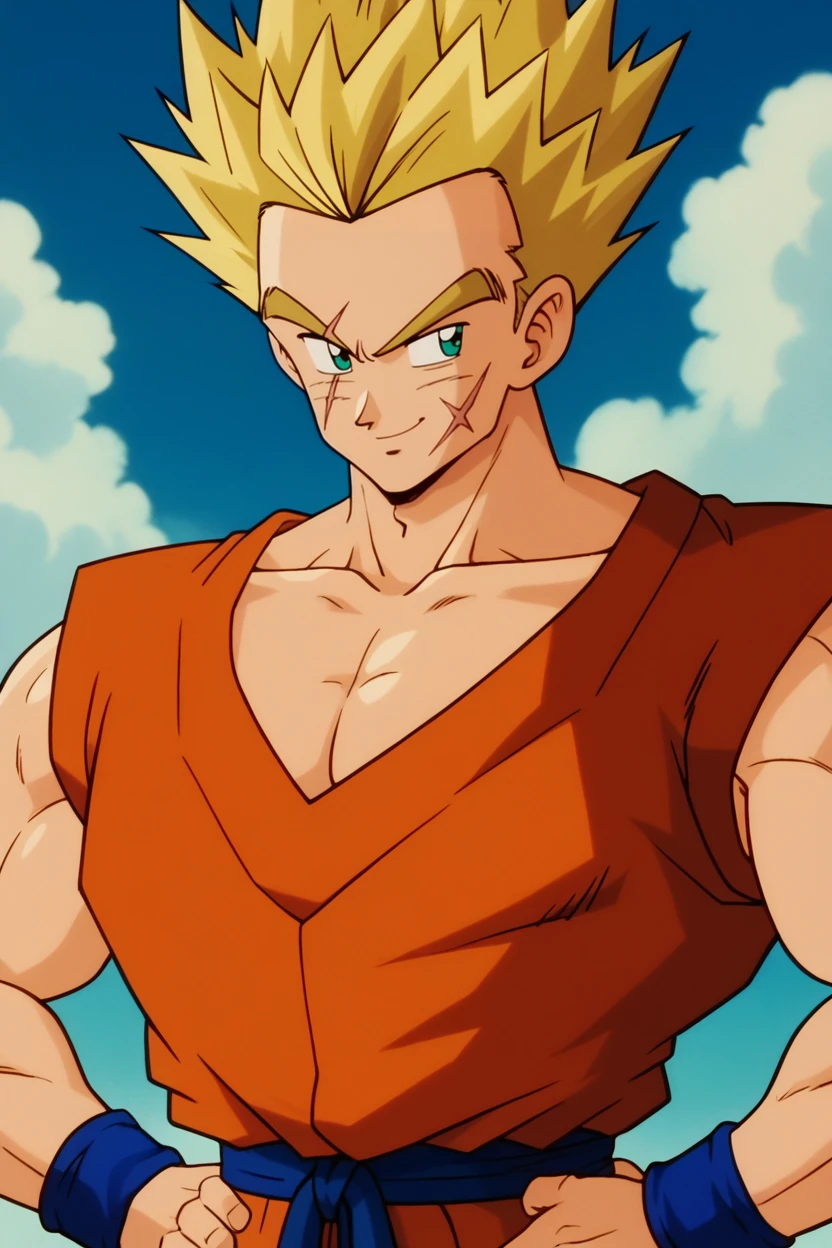 score_9, score_8_up, score_7_up,score_6_up, BREAK yamcha, 1boy, male focus, solo,retro artstyle,super saiyan,blonde hair,hair slicked back, hands on own hips,martial arts clothes, orange vest,small black badge,aqua eyes, smile, hands on hips, sky, blue wristband, blue sky, day, outdoors, muscular male, scar on cheek, upper body, cloud, closed mouth, pectorals, short hair, mountain, collarbone, looking to the side, scar across eye, blue sash,sleeveless,pectoral cleavage,  spiked hair, blonde eyebrows   <lora:YamchaPony-000017:1>