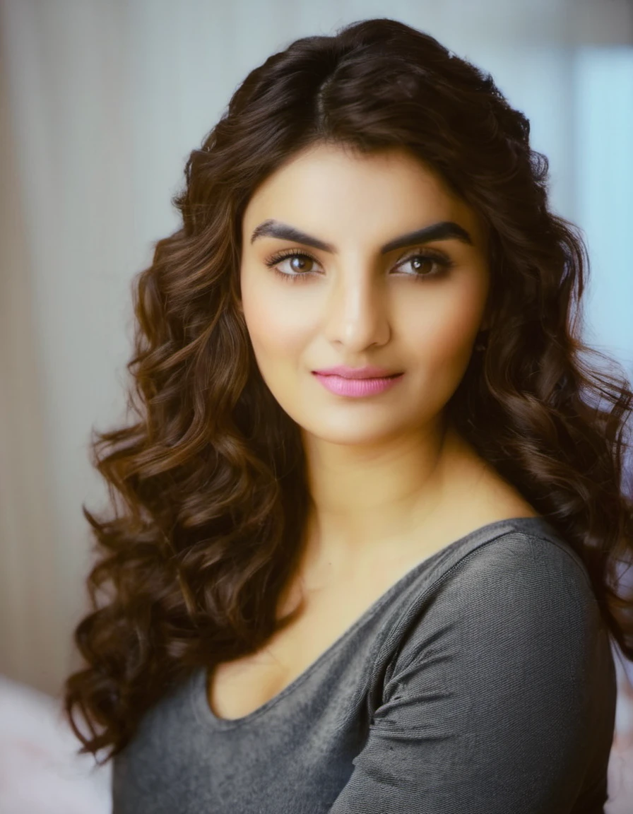 photograph AnveshiJain,An image of a poised young woman with shoulder-length wavy dark blonde hair. She is looking directly at the viewer with a soft, assured gaze. She is wearing a fitted, long-sleeved, dark charcoal V-neck top with small, light speckles, giving the appearance of a subtle shimmer. The top is gathered at one side to highlight her figure. One hand is casually running through her hair while the other rests by her side. The setting is indoors with natural lighting that enhances the soft makeup on her fair skin, complete with defined eyebrows and light pink lipstick., 50mm . cinematic 4k epic detailed 4k epic detailed photograph shot on kodak detailed cinematic hbo dark moody, 35mm photo, grainy, vignette, vintage, Kodachrome, Lomography, stained, highly detailed, found footage, AnveshiJain,An image of a poised young woman with shoulder-length wavy dark blonde hair. She is looking directly at the viewer with a soft, assured gaze. She is wearing a fitted, long-sleeved, dark charcoal V-neck top with small, light speckles, giving the appearance of a subtle shimmer. The top is gathered at one side to highlight her figure. One hand is casually running through her hair while the other rests by her side. The setting is indoors with natural lighting that enhances the soft makeup on her fair skin, complete with defined eyebrows and light pink lipstick, highly detailed, stunning deep aesthetic, intricate, elegant, rich colors, beautiful dynamic dramatic atmosphere, sharp focus, cinematic, full