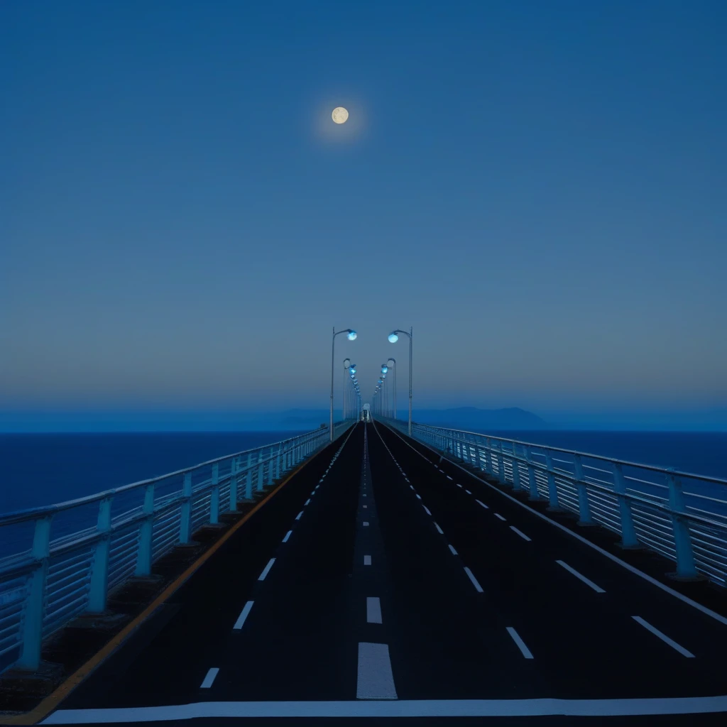 road, planted, mountain, blue sky, ocean, watermark, full moon, railing, outdoors