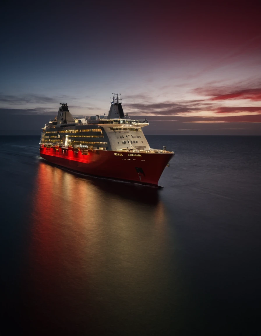 long expo, light trail of a passing modern ship, visible from side, red sky, seascape at dawn, smooth water