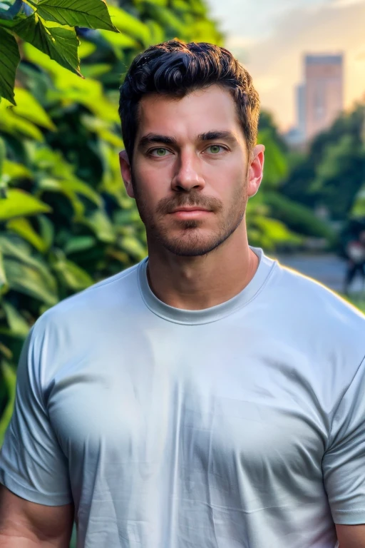 RAW photo, photograph of guy, ( face focus:1.5)  portrait, (facial hair) High resolution handsome guy, highly detailed, white t-shirt, (look at viewer) natural morning, sunburnt, <lora:austinmartin:0.8> austinmartin, blurry background, summer vibes, <lora:add_detail:0.7> outdoors, leaf garden behind,, (masterpiece,best quality:1.5)