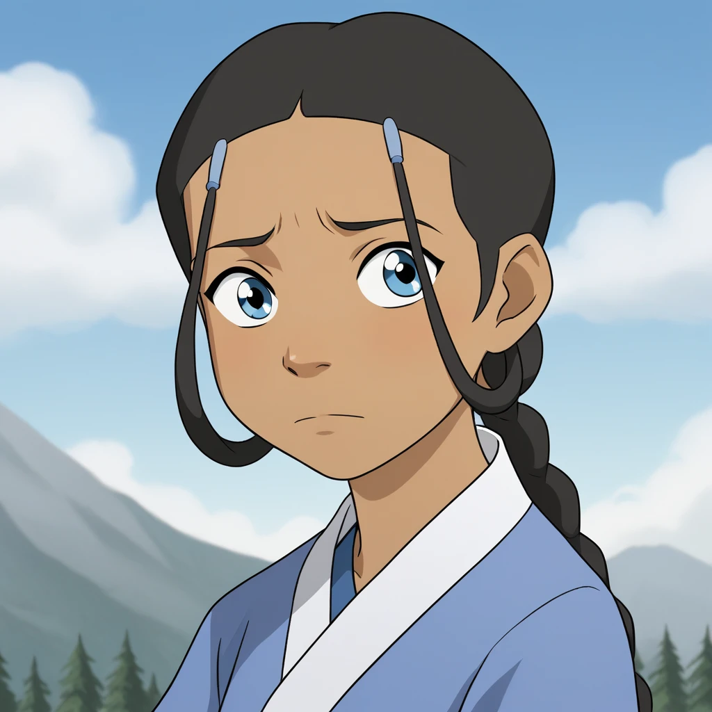 score_9_up, BREAK, katara, 1girl, solo, black hair, blue eyes, braided ponytail, dark skin, hair ornament, blue dress, upper body, outdoors, blue sky, <lora:Katara_TheLastAirbender_PXL_Leaf1:0.8>