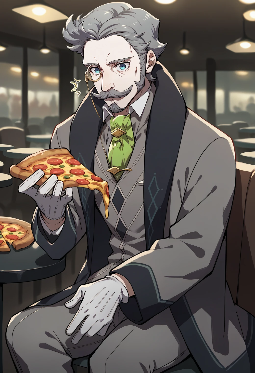 score_9, score_8_up, score_7_up, source_6_up, source_5_up, score_4_up, source_anime, 1boy, solo, sitting, looking at viewer, surprised, holding pizza slice, <lora:HannemanFE-pdxl:1> hanFE, short hair, grey hair, blue eyes, monocle, old man, mustache, goatee, grey jacket, collared shirt, green ascot, coat, white gloves, grey pants, restaurant, pizza