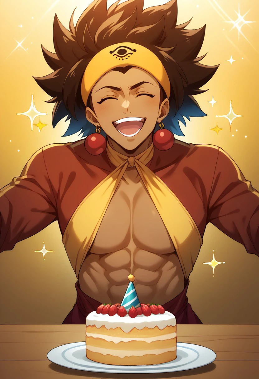 score_9, score_8_up, score_7_up, source_anime, rating_safe, sparkles effects, raspberries, Ajetail, yellow Ajeel headband, red Ajeel earrings, 1boy, male focus, closed eyes, casual clothes, party hat, open mouth, wide smile, teeth, upper body, hands with five fingers, happy birthday, cake on table, simple patterned background, cute wallpaper, happy-cheery,