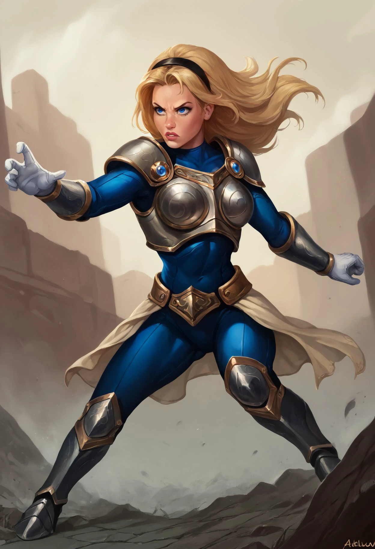 score_7_up, score_6_up, action pose, realism, isat4n-dh, deflux, blonde hair, blue eyes, long hair, black hairband, armor, blue bodysuit, bracers, white gloves, armored boots <lora:add-detail-xl:0.5> <lora:sinfully_stylish_SDKL:0.5> <lora:Artist_Style_-_isatandoomsatan666_PDXL:1>  <lora:lux-pdxl-nvwls-v1:0.7>