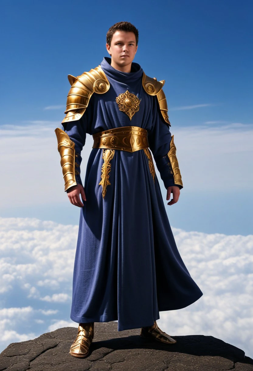 solo, standing, looking at viewer, outdoors, full body, male focus, 1boy, sky, robe, armor