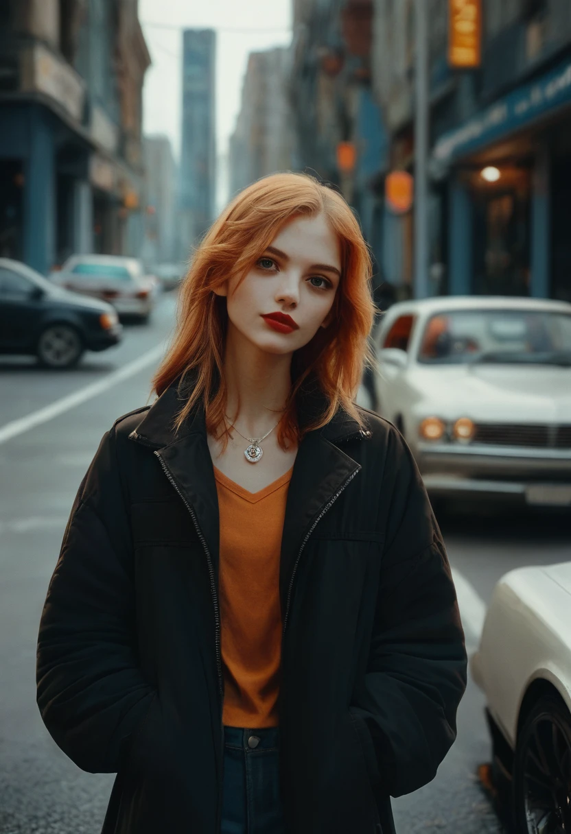 score_9, score_8_up, score_7_up, score_6_up, flmgr, film grain, cinematic, 1girl, motor vehicle, ground vehicle, car, looking at viewer, solo, blurry, blurry background, jacket, realistic, outdoors, necklace, black jacket, orange hair, shirt, long hair, coat, road, jewelry, red lipstick, young girl