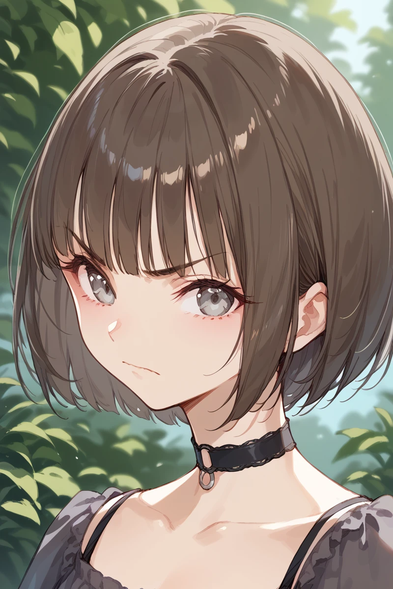 score_9, score_8_up, score_7_up, score_6_up,
 <lora:Komagawa_Uta:0.9>  solo, looking at viewer, brown hair, portrait, short hair, blurry background, blurry, closed mouth, choker, grey eyes, bangs, close-up, bob cut, outdoors, angry look