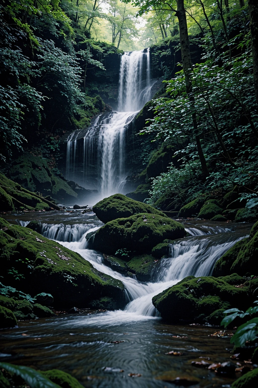 RAW photo, forest scene featuring a waterfall