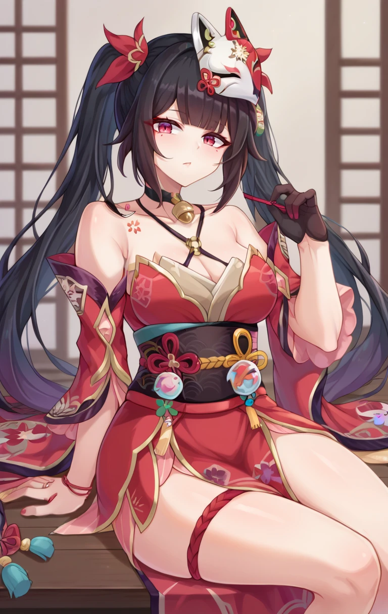 score_9,score_8_up,score_7_up BREAK <lora:sparkle:0.9>,sparkleSDXL,1girl,solo,long hair,black hair,hair ornament,pink eyes,gloves,dress,cleavage,bare shoulders,twintails,jewelry,very long hair,detached sleeves,jingle bell,neck bell,japanese clothes,choker,black gloves,wide sleeves,kimono,bracelet,sash,tattoo,mask,obi,thigh strap,wristband,red dress,tassel,red nails,single glove,mask on head,red kimono,fox mask,cowboy shot,room,room background,sitting,