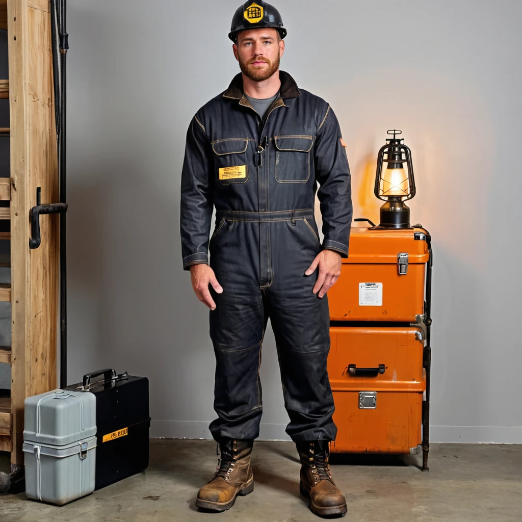 half body photo of a man,p4yn3, beard, coal miner, wearing coal stained coveralls, black work boots, hard hat with lamp, holding lunchbox, looking at viewer,   <lora:camd:.9>