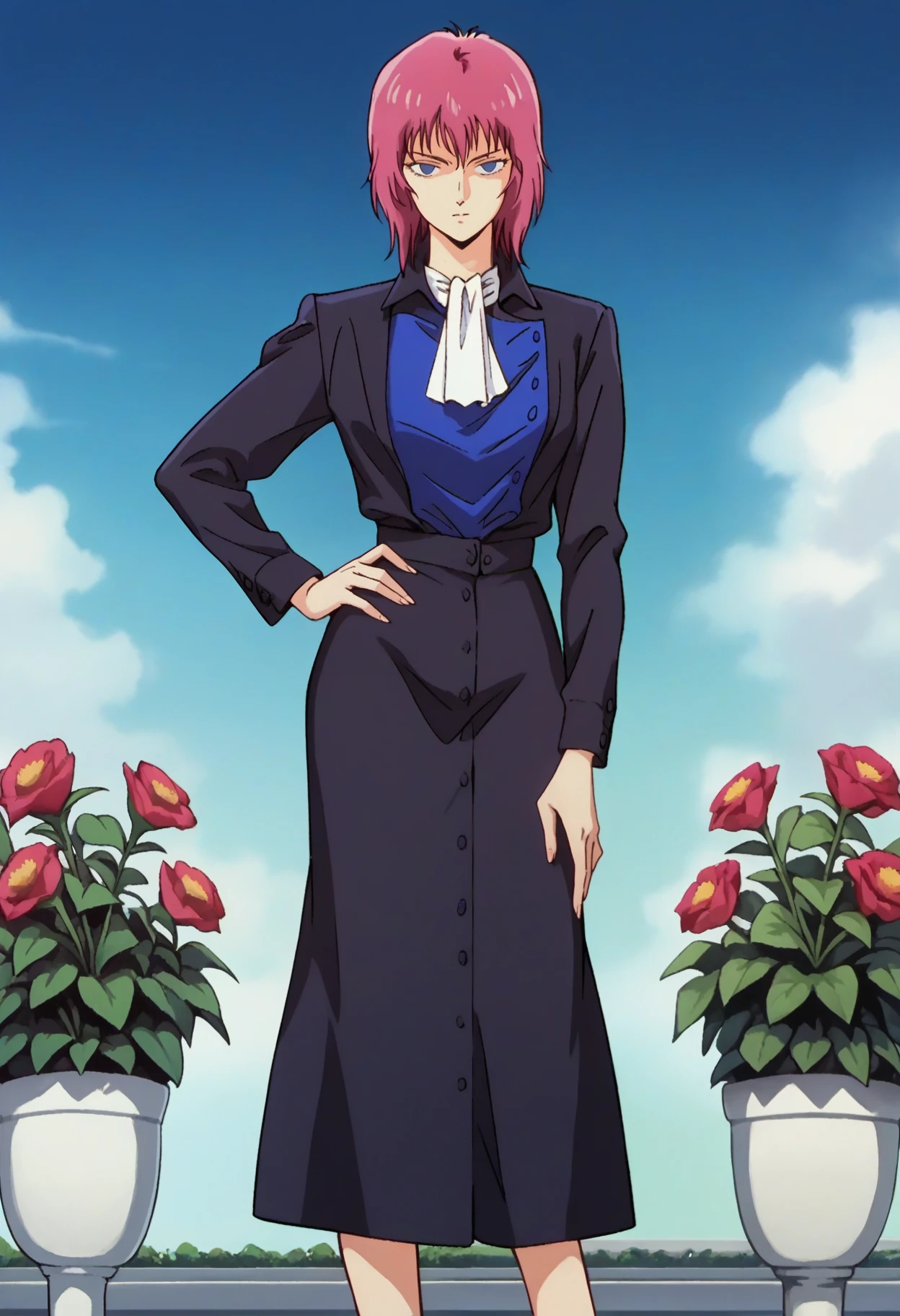 score_9, score_8_up, score_7_up, score_6_up, source_anime, <lora:HamanKarn:0.7>, HamanKarnSOL, pink hair, medium hair, blue eyes, empty eyes,
white ascot, dress, formal, white footwear, 
looking at viewer, hand on own hip, solo,
BREAK, blue sky, flower, garden,