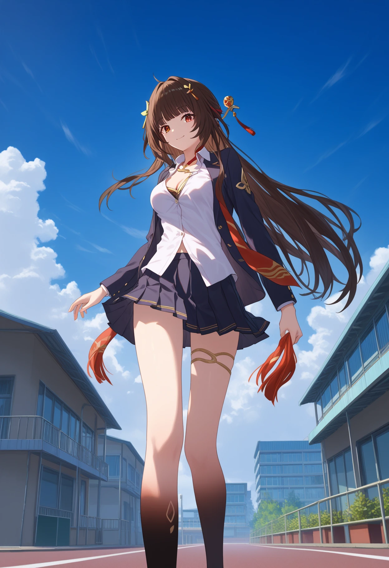 score_9, score_8_up, score_7_up, source_anime,
BREAK 
1girl, solo, standing, walking, from behind, 
<lora:lingshaFinal:1.0>, shlingsha, long hair, bangs, hair ornament, breasts, jewelry,red eyes, brown hair, black thighhighs, pleated skirt, school uniform, white shirt, blue_blazer, unbuttoned shirt, cleavage, 
looking at viewer, smile, school uniform,