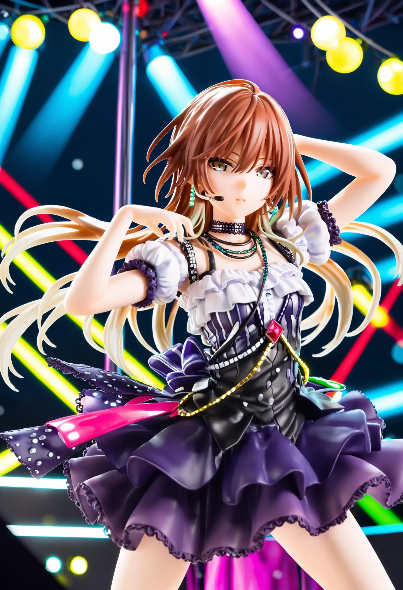 m_aketa, score_9, best quality,
1girl, solo, jewelry, earrings, looking at viewer, brown hair, multicolored hair, necklace, gradient hair, gem, long hair, fur trim, brown eyes, bangs, glint, hair between eyes, frills, expressionless, gradient eyes, parted lips, blonde hair
dynamic pose, glowstick, lights, bare arms, multicolored dress, boots, concert, detached sleeves, dress, idol, idol clothes, indoors, posing on stage, puffy detached sleeves, puffy short sleeves, puffy sleeves, short sleeves, solo focus, spotlight, idol concert, looking at viewer, headset, colorfull stage, stage lights, pillar, neon
<lora:m_aketaXL_pony:1>