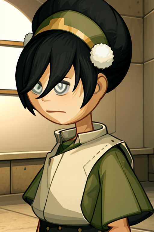 <lora:papa-10:1> papa,   <lora:Toph:1> 1girl, toph, bangs, black hair, blind, grey eyes, hair between eyes, hair bun, hairband, short hair, masterpiece, best quality