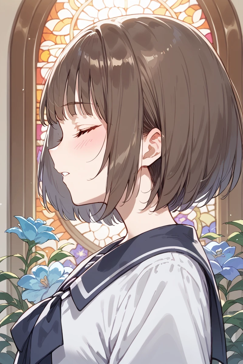 score_9, score_8_up, score_7_up, score_6_up,
 <lora:Komagawa_Uta:0.9> uta, solo, 1girl, closed eyes, short hair, stained glass, bob cut, parted lips, from side, portrait, flower, brown hair, school uniform, profile, blush, bangs