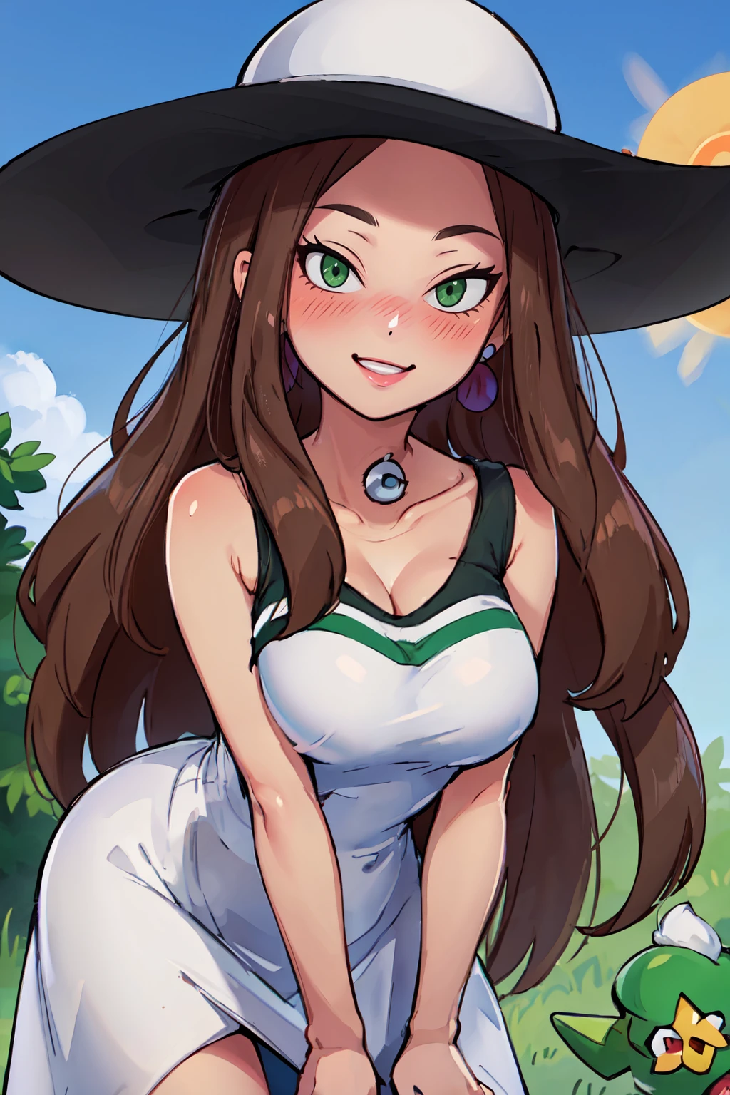 ((masterpiece,best quality)), absurdres,  BREAK, , <lora:Beauty_Pokemon:0.8>, zzBeauty, brown hair, long hair, green eyes, earrings, large breasts, white sun hat, white dress, , BREAK, leaning forward, head tilt, blush,, BREAK, solo, smile, looking at viewer, cowboy shot,