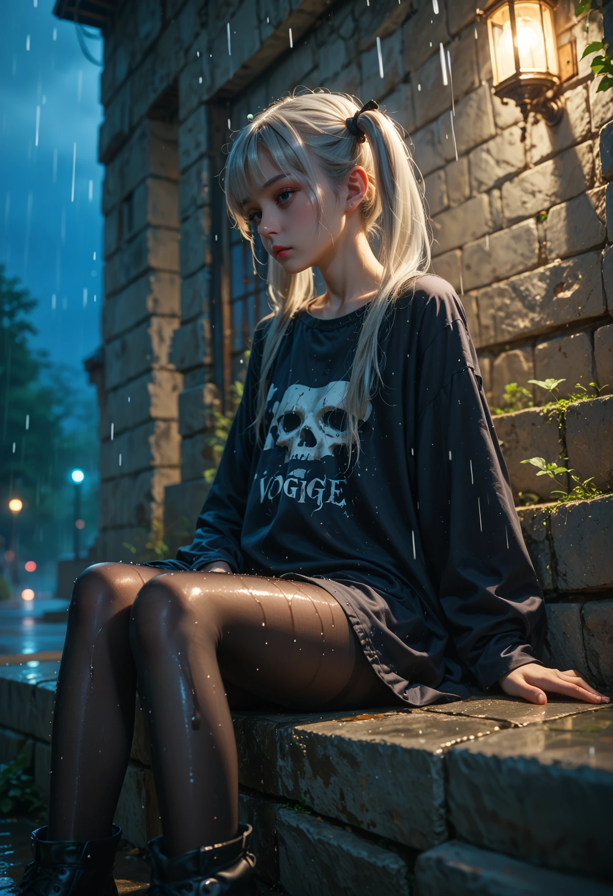 1girl,solo,petite,black pantyhose,loose clothes,goth,platinum blonde hair,twintails,
Shiny skin,stone steps,night,rain,leaning back,dynamic lighting,modern,vogue,
sitting,score_9,score_8_up,score_7_up,masterpiece,best quality,8k,, score_9,score_8_up,score_7_up,masterpiece,best quality,8k,