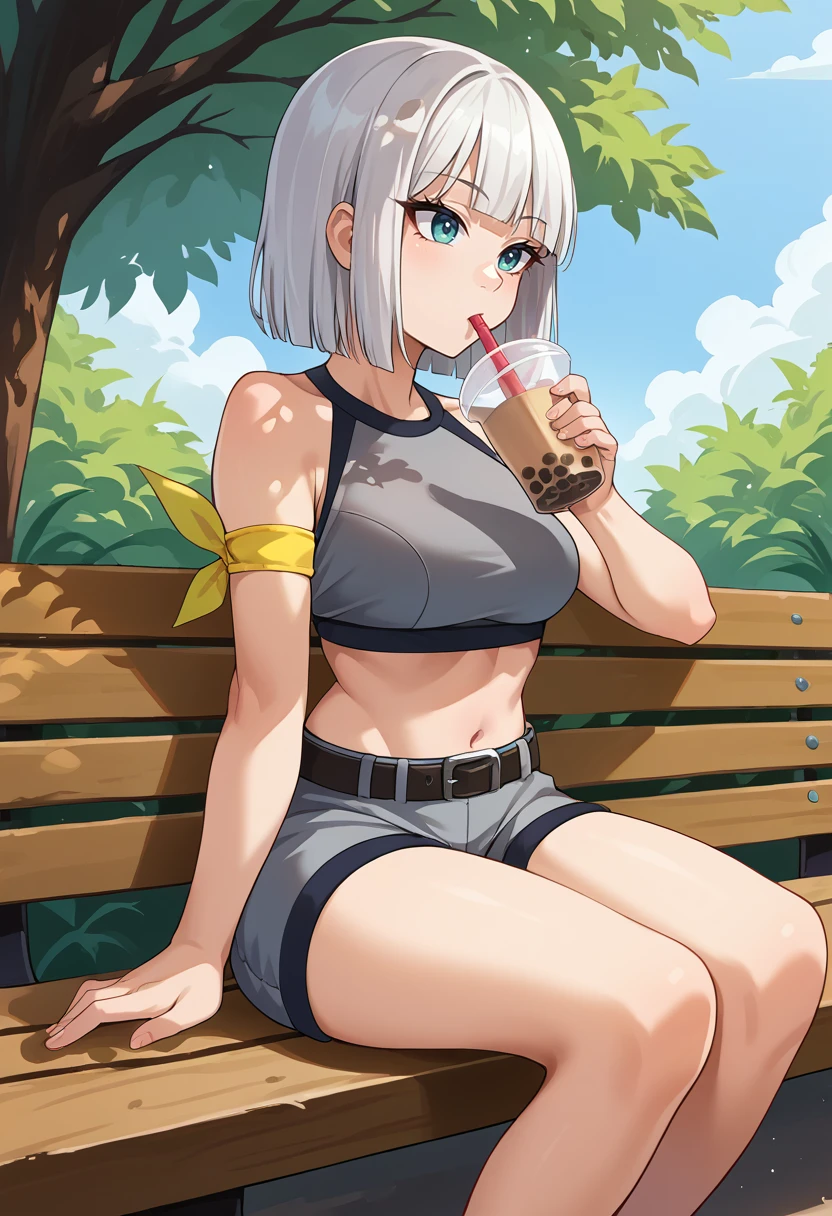 score_9, score_8_up, source_anime, 1girl, solo, GinaBoyd, short hair, bob cut, white hair, grey sports bra, belt, grey shorts, yellow armband, outdoors, sitting, on bench, drinking, sipping, straw, bubble tea, <lora:ChamGinaBoydPonyXL:1>